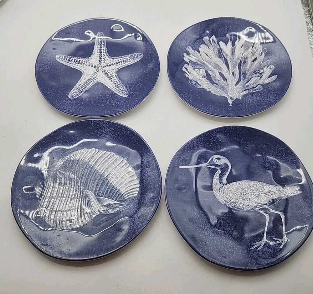 4 Tommy Bahama Beach Melamine Salad Plate Set Blue Shell Starfish Coral Coast 8”